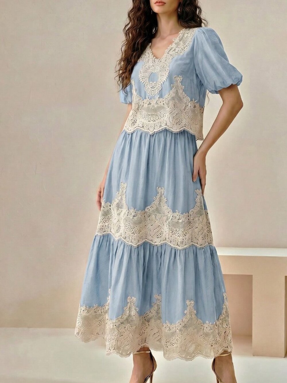 Blue Elegant Women's V-Neck Puff Sleeve Lace Patchwork Flared Skirt Set - Picture 7 of 7
